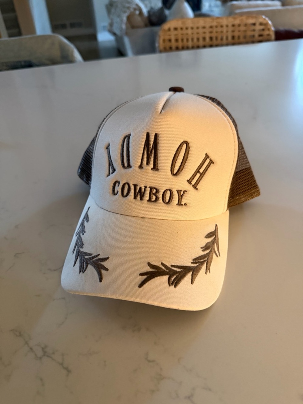 Home Cowboy Embroidered Trucker Hat - Cream & Brown